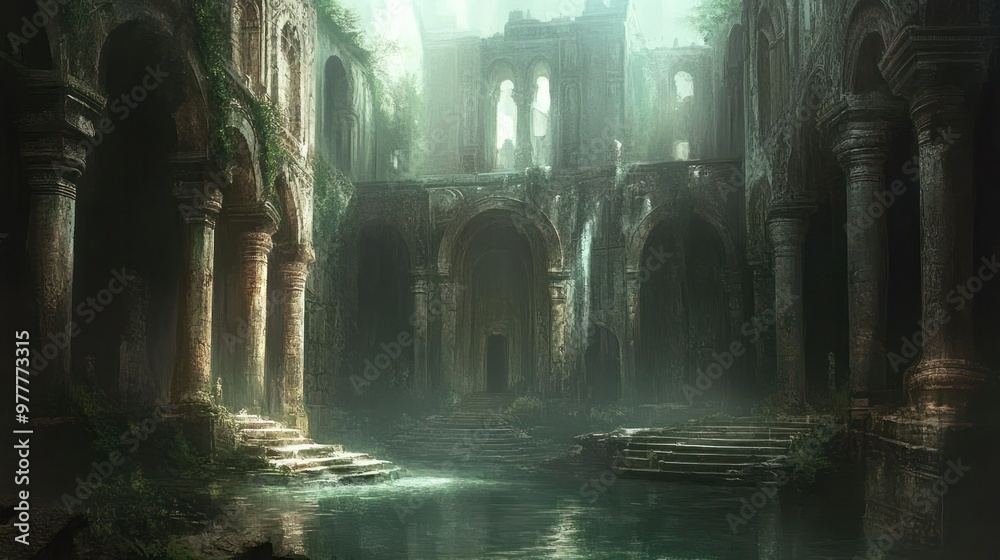 Canvas Prints Overgrown Ruins with Water and Stone Steps