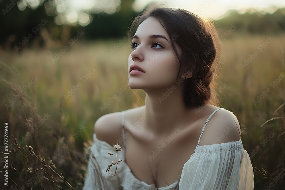 Poster Woman looking up in thoughtful contemplation in a field, nature portrait