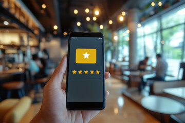 Customer giving five star rating in online mobile application on smartphone screen in cafe
