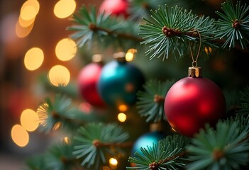 Fototapeta premium comic art graphic novel art, comic illustration, and highly detailed Merry Christmas. A festive Christmas background with pine tree branches, colorful ornaments, and twinkling lights