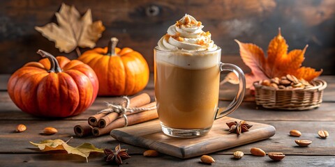 Obraz premium A pumpkin cream cold brew latte topped with whipped cream, styled with pumpkins, cinnamon sticks, and autumn leaves. Ideal for cozy autumn drinks and festive fall settings.