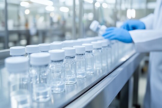 Automated line for the production of modern medical devices. Ampoules and tubes stand on a conveyor belt in a bright laboratory. Of robotisation in the production of medical products. Baner, poster