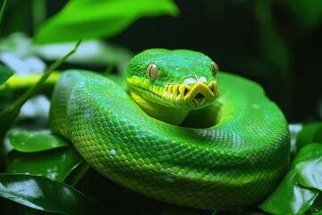 Fototapeta premium Green Snake in Nature. Reptile Wildlife in the Wild Grass