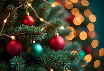 comic art graphic novel art, comic illustration, and highly detailed Merry Christmas. A festive Christmas background with pine tree branches, colorful ornaments, and twinkling lights