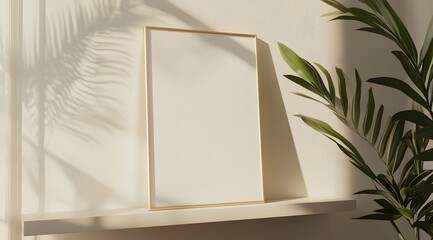 Abstract mockup of a vertical blank poster frame on a shelf in a white room with a window shadow and light