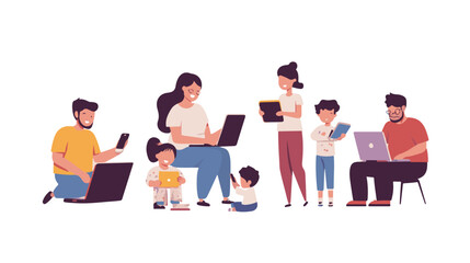 family set Parents and kids hanging out , Flat vector illustrations