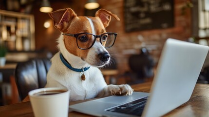 Cute jack russell terrier dog with stylish glasses works on a laptop in a coffee shop, enjoying coffee and browsing the internet, embodying a modern freelancer lifestyle with humor