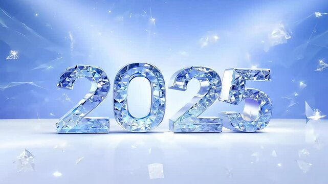 Glittering "2025" numbers made of crystal or ice, set against a radiant background, symbolizing a fresh and sparkling start to the new year