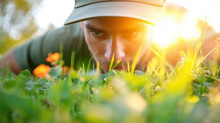 A gardener observing plant growth, monitoring progress and adjusting care as needed.