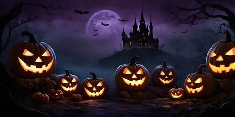 Spooky haunted castle at night with glowing candles, jack-o'-lanterns, bats, a full moon Halloween