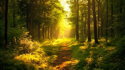 Obraz premium Sunlit forest path during golden hour, with tall trees and lush green foliage creating a serene and tranquil scene.