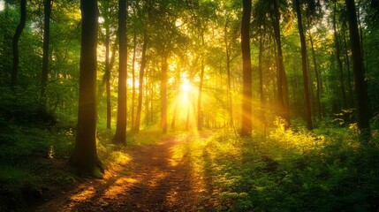 Sunlight streams through a dense forest, illuminating a peaceful trail surrounded by lush greenery.