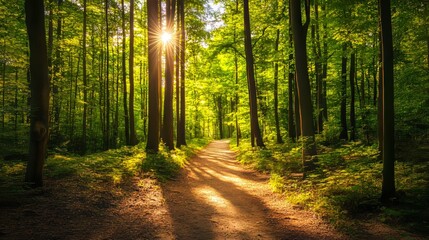 Obraz premium Bright sunlight filters through the dense forest, illuminating a tranquil dirt path in the heart of nature.