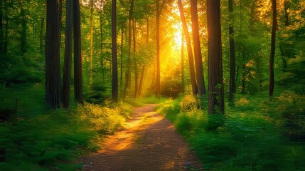 Fototapeta premium A serene forest path enveloped in warm sunlight during sunset, creating a tranquil natural scene.