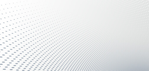 Grey dots in 3D perspective vector abstract background, dotted pattern cool design, wave stream of science technology or business blank template for ads.