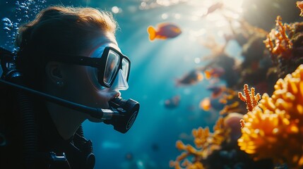 Underwater exploration, diver in scuba gear, coral reef, vibrant marine life, adventure, sunlight filtering through water, ocean, aquatic scene, scuba diving concept