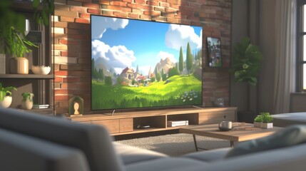 Peaceful Cartoon Landscape on TV Screen in Modern Living Room