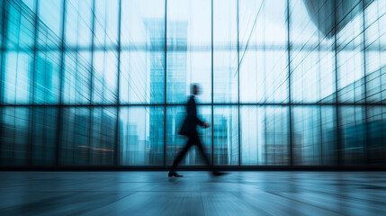 Fototapeta premium Blurred motion of a person walking in a modern glass building with dynamic lines and reflections