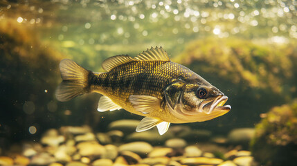 Underwater closeup of swimming bass fish, lake environment with aquatic plants and rocks, freshwater concept