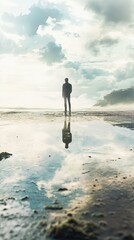 Solitary Figure Standing on a Reflective Beach at Sunrise With Dramatic Clouds and Hills Nearby