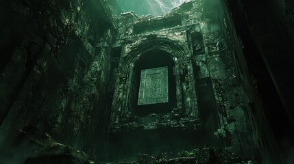 An Ancient Stone Archway Leading to a Mysterious Carved Tablet