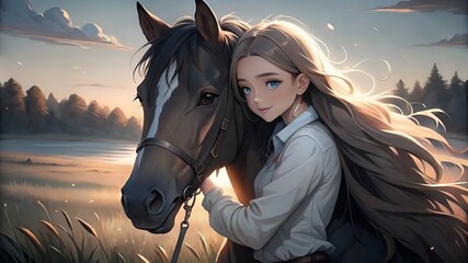 Obraz premium Young girl smiling with a horse in a serene landscape during golden hour