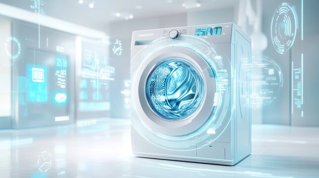 Futuristic product photography  open washing machine surrounded by holographic data visualizations