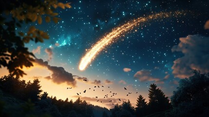 A comet, streaking across the sky, leaving behind a trail of shimmering dust, representing a moment of chaos and transformation, a catalyst for change in the cosmic dance of the universe.