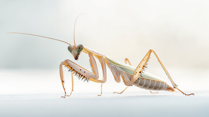 Praying mantis close up, isolated on light background, focus on insect details, bug macro photography, nature exploration concept