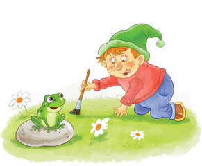 Seven colors of rainbow. A cute funny gnome wearing a red hat is painting with red color. Illustration for children. Cute and funny cartoon characters