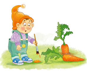Seven colors of rainbow. A cute funny gnome wearing an orange hat is painting with orange color. Illustration for children. Cute and funny cartoon characters