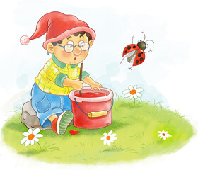 Seven colors of rainbow. A cute funny gnome wearing a red hat is painting with red color. Illustration for children. Cute and funny cartoon characters