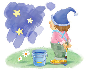 Seven colors of rainbow. A cute funny gnome wearing an indigo hat is painting with indigo color. Illustration for children. Cute and funny cartoon characters