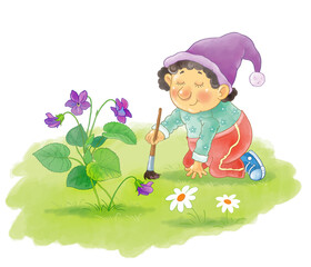 Seven colors of rainbow. A cute funny gnome wearing a violet hat is painting with violet color. Illustration for children. Cute and funny cartoon characters