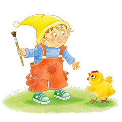 Seven colors of rainbow. A cute funny gnome wearing a yellow hat is painting with yellow color. Illustration for children. Cute and funny cartoon characters
