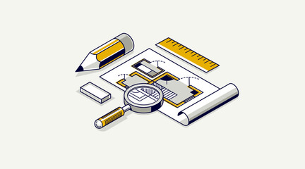 Architectural engineering concept, construction plan in creation progress, blueprint technical plan 3D isometric vector illustration, build cad project.