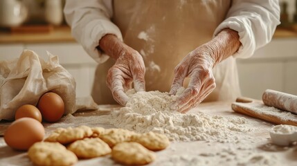 Fototapeta premium Baker's hands working with flour, with eggs, a rolling pin, and baked goods in the background