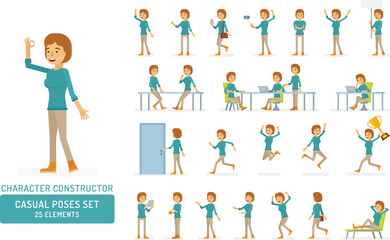 Vector young adult woman in pullover ready-to-use character casual poses set in flat style. Full length, gestures, emotions, front, side, back view.