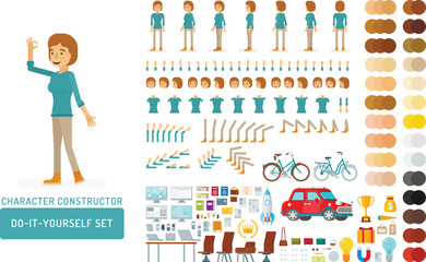 Vector young adult woman in pullover do-it-yourself creation kit. Full length, gestures, emotions - all character constructor elements for building your own design for infographic illustrations.