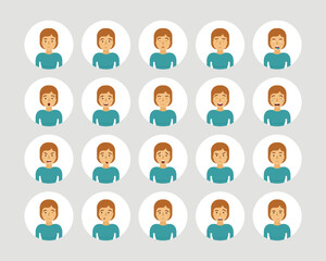 Vector young adult woman avatars and emoticons set in flat style, front view.