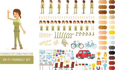 Vector young adult woman in worker overalls do-it-yourself creation kit. Full length, gestures, emotions - all character constructor elements for building your own design for infographic illustrations
