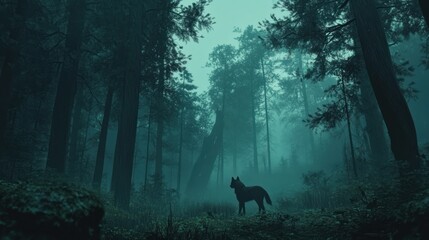 Solitary Wolf Silhouette in a Misty, Deep Forest