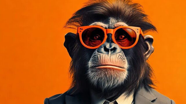 A monkey wearing orange glasses 