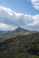 Fototapeta premium Amazing view from the AcroKorinth in Greece. Hills, mountains and valleys