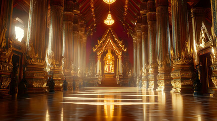 Obraz premium Golden Hallway With Pillars and Chandelier 3D Illustration