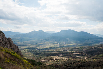 Amazing view from the AcroKorinth in Greece. Hills, mountains and valleys