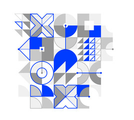 Abstract vector Bauhaus geometric background, tech engineering look like shapes and lines composition, mechanical engine industry style, network and digital data.