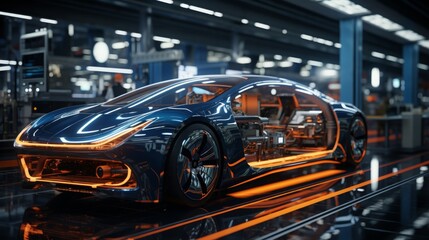 Obraz premium AI-driven production line assembling electric cars in a futuristic factory environment