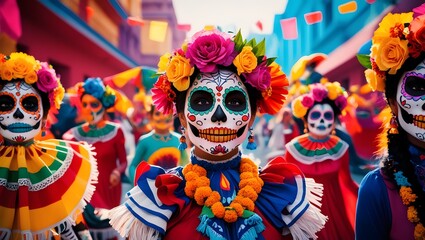 An Day of the Dead celebration, using vibrant colors and bold shapes to represent the energy and joy of the event, perfect for Day of the Dead