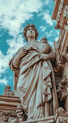 Fototapeta premium Elegant Marble Statue Holding a Vessel Against a Bright Blue Sky Near Historic Architecture